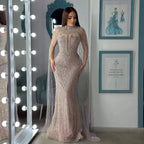 Luxury Evening Dress Nude Pearls Beaded Gown With Tulle Train