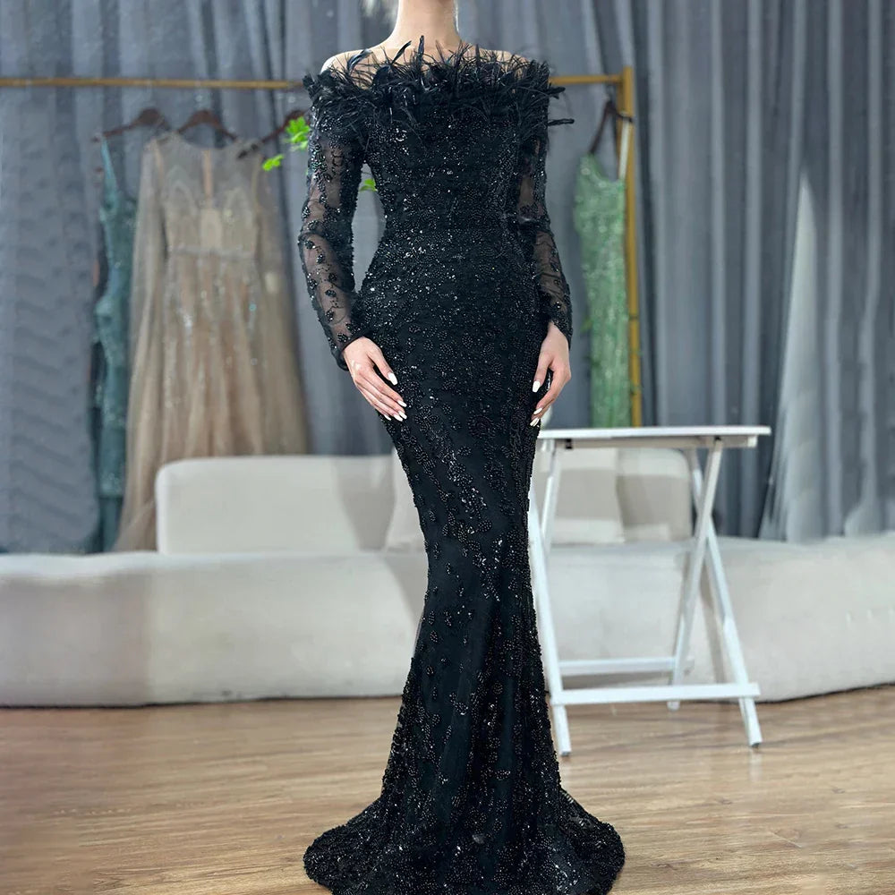 Luxury Dubai Green Long Sleeves Feathers Beaded Evening Dress