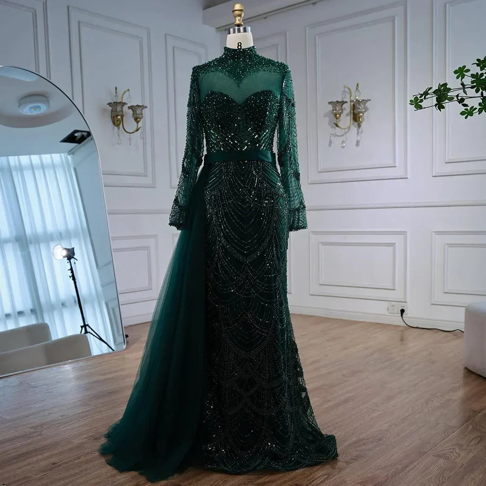 Luxury Brown Beaded Mermaid Evening Dress with Side Overskirt