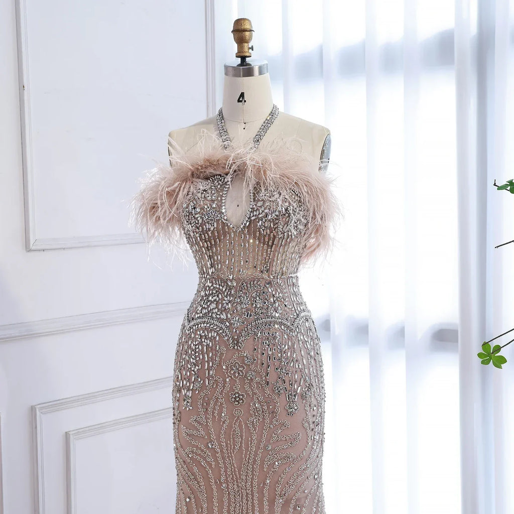 Luxury Nude Halter Feather Crystal Evening Dress