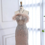 Luxury Nude Halter Feather Crystal Evening Dress