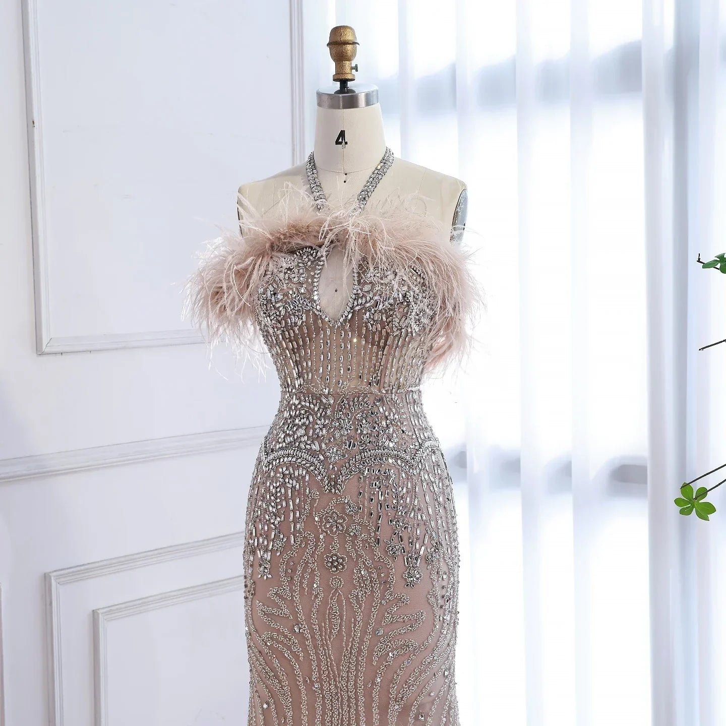 Luxury Nude Halter Feather Crystal Evening Dress