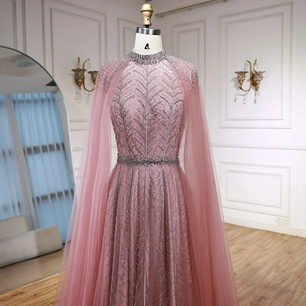 Luxury Elegant Pink Beaded Evening Dress with Cape