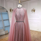 Luxury Elegant Pink Beaded Evening Dress with Cape