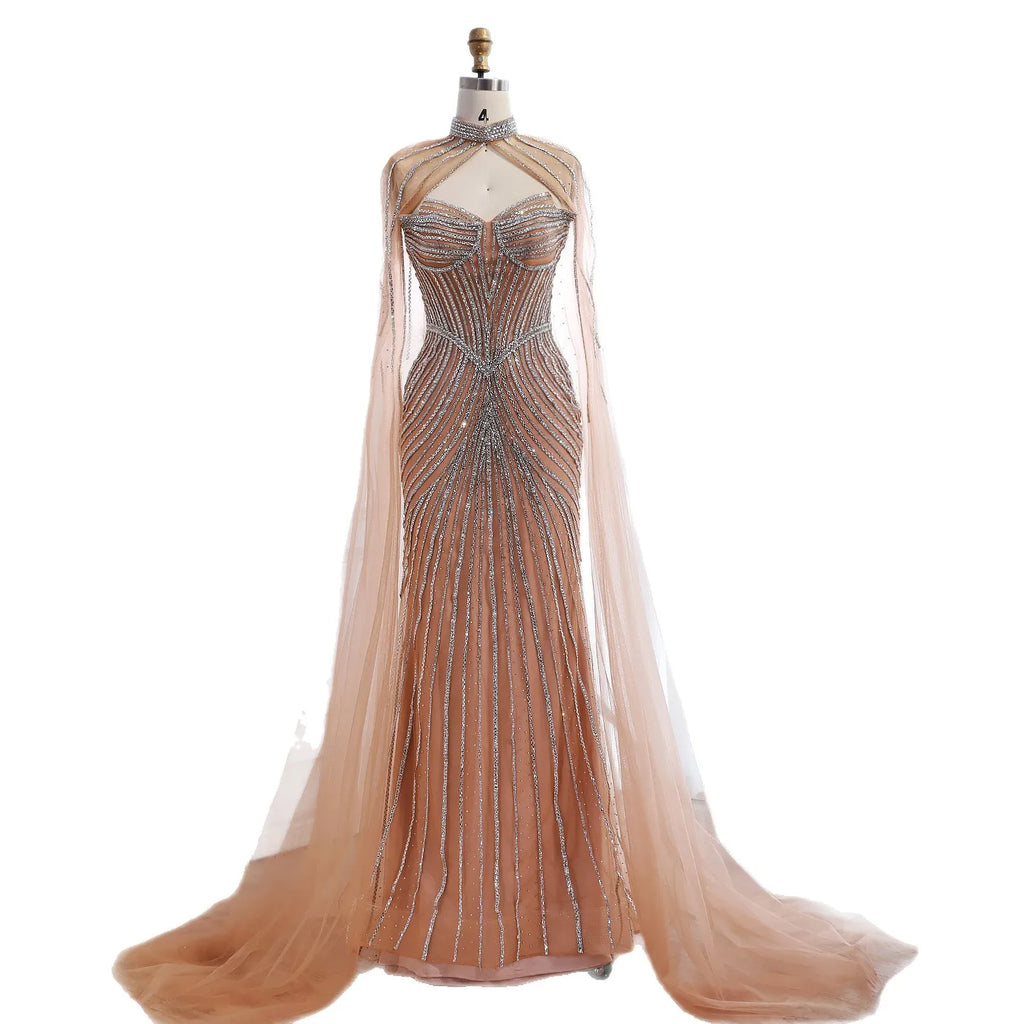 Luxury Nude Mermaid Evening Dress with Cape Sleeves