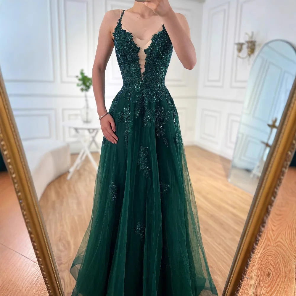 Luxury Sage Green Lace A-Line Prom Dress with Spaghetti Straps