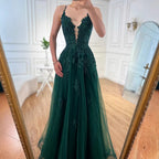 Luxury Sage Green Lace A-Line Prom Dress with Spaghetti Straps