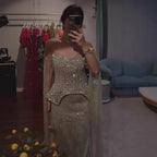 Luxury Gray Beaded Off-Shoulder Evening Dress with Cape Sleeves