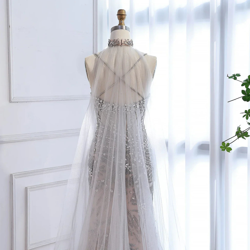 Luxury Evening Dress Grey Beaded With Cape Prom Gown LA73342