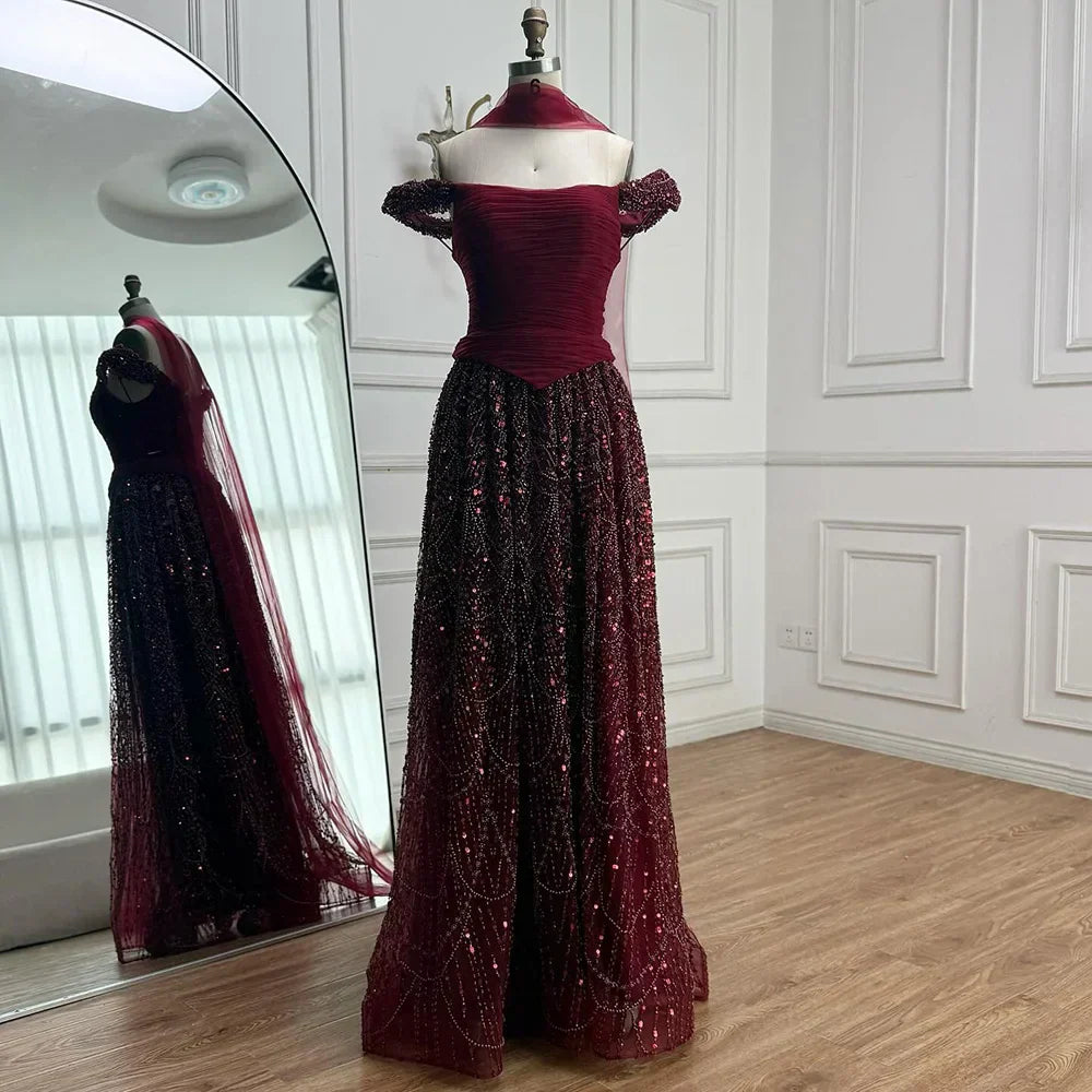 Luxury Arabic Pink Pearls Beaded Evening Dress With Cape