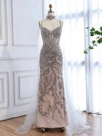 Luxury Evening Dress Grey Beaded With Cape Prom Gown LA73342