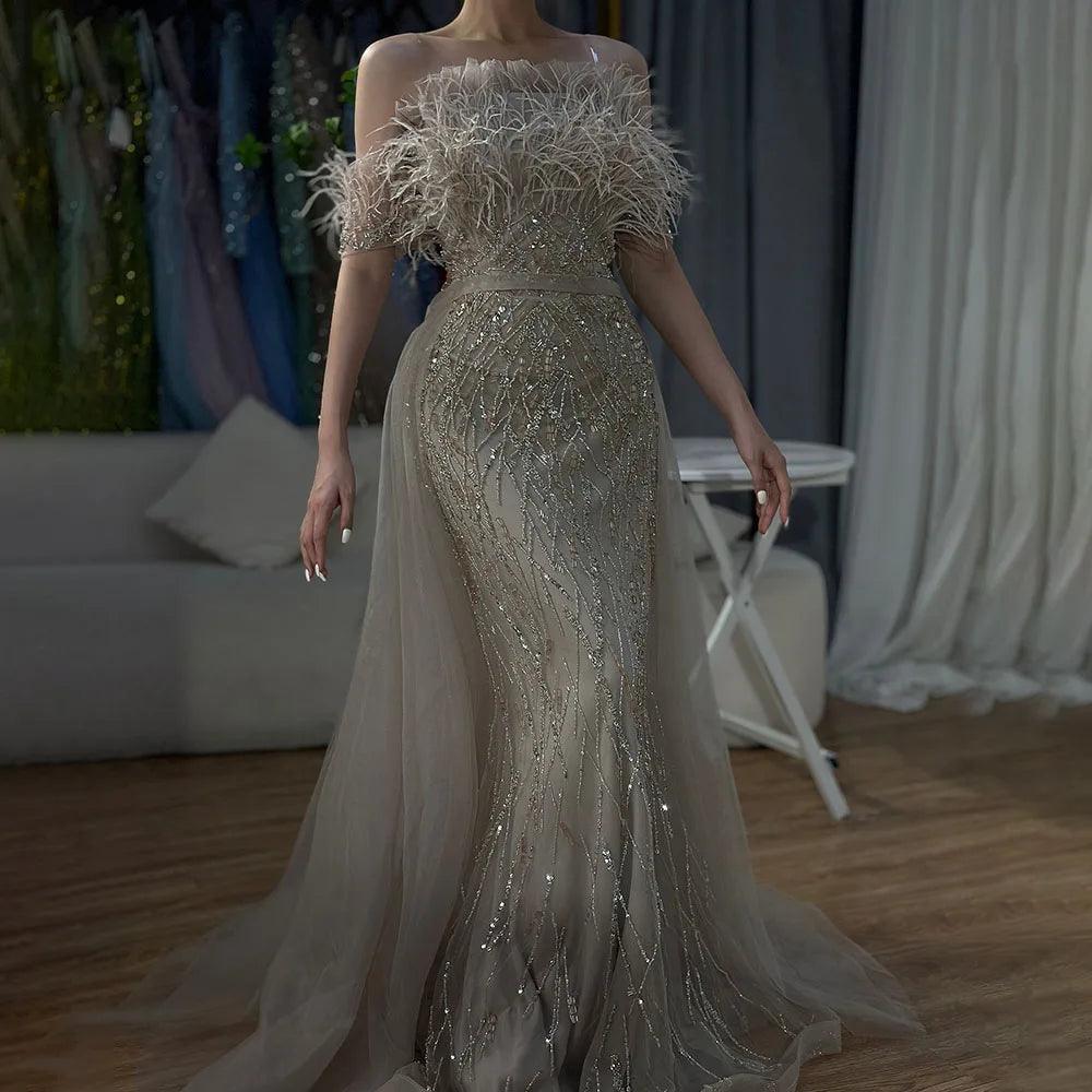 Serene Hill Dubai Luxury Beaded  Blue Mermaid Elegant Overskirt Evening Dresses Gowns For Women Wedding Party LA71634