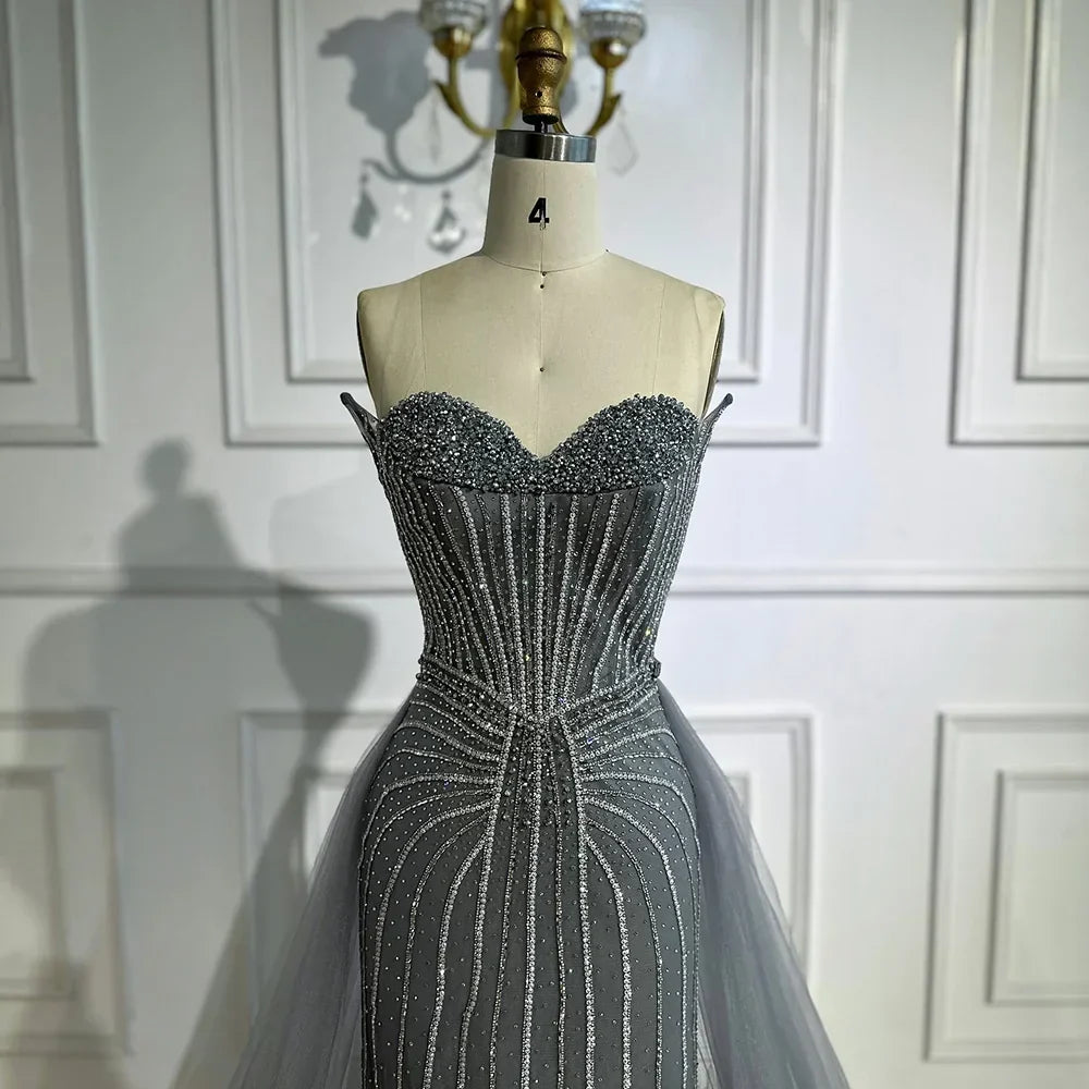 Pink Pearls Beaded Arabic Mermaid Evening Dress with Overskirt LA72811B