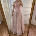 Luxury Arabic Pink Pearls Beaded Evening Dress With Cape
