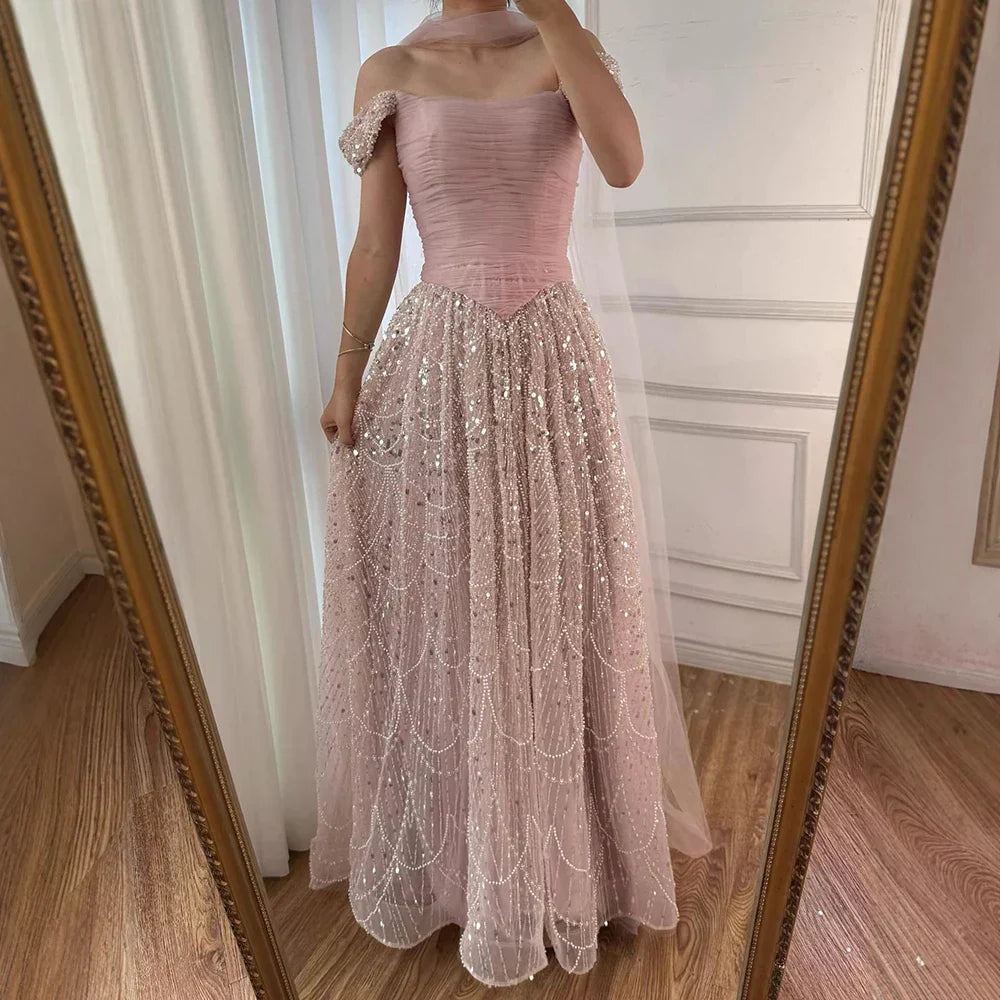 Luxury Arabic Pink Pearls Beaded Evening Dress With Cape