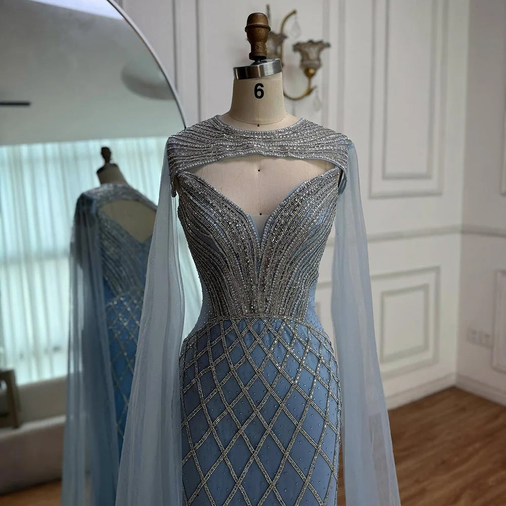Luxury Nude Beaded Mermaid Evening Dress with Cape