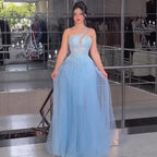 Serene Hill  Blue Spaghetti Strap A Line One Shoulder Prom Dress