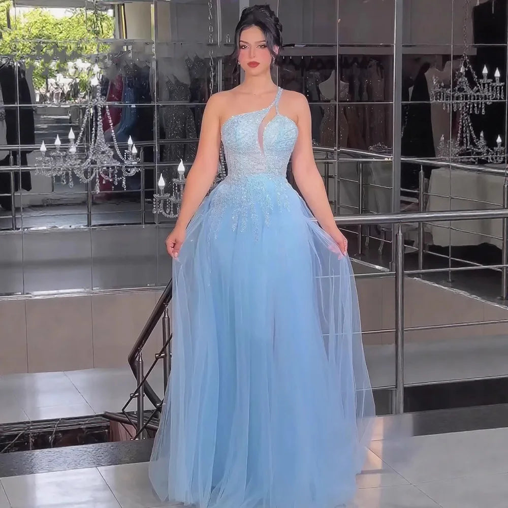 Serene Hill  Blue Spaghetti Strap A Line One Shoulder Prom Dress