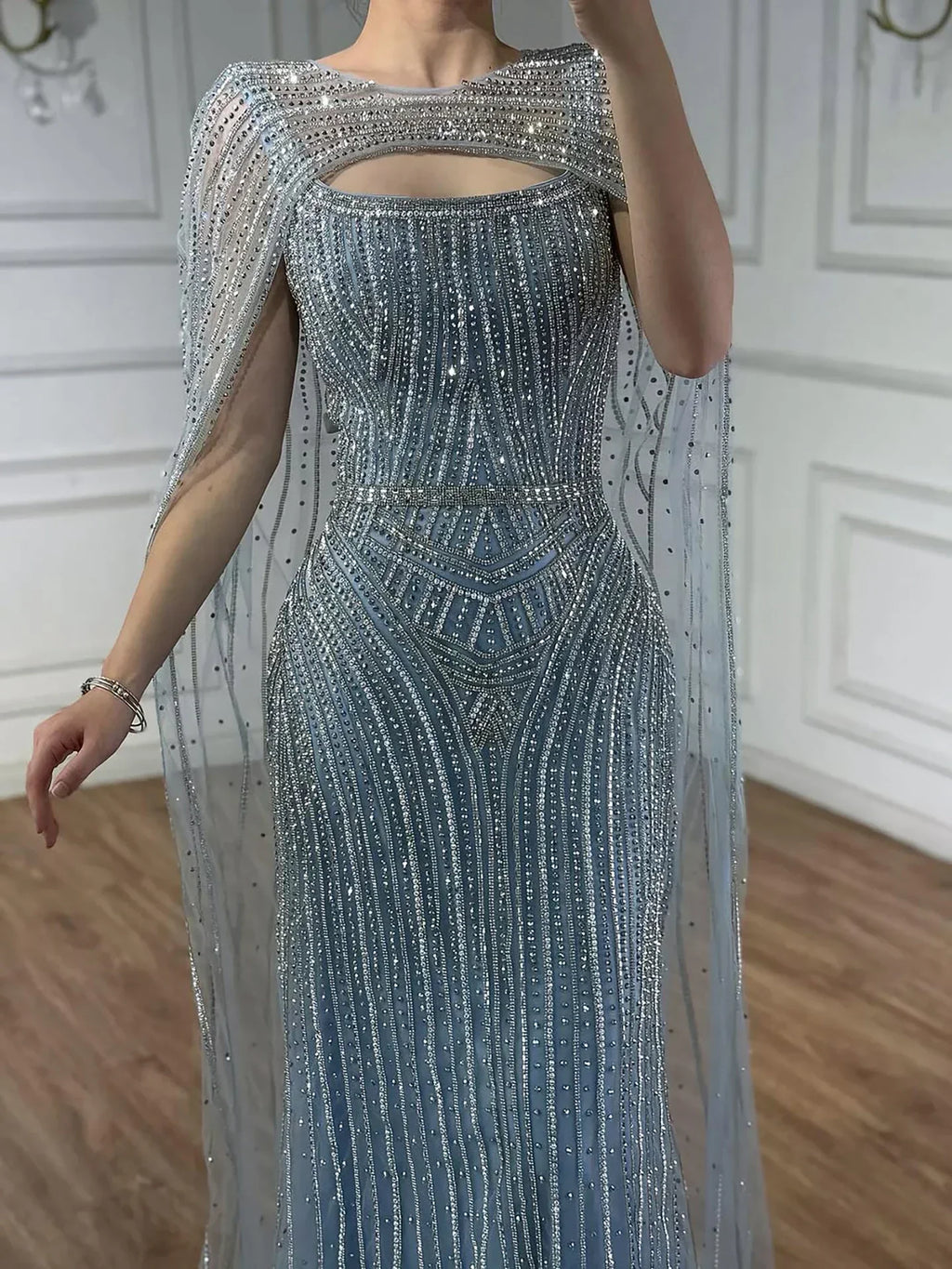 Luxury Blue Diamond Evening Dress With Cape