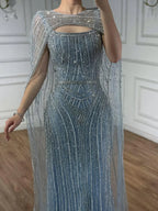Luxury Blue Diamond Evening Dress With Cape