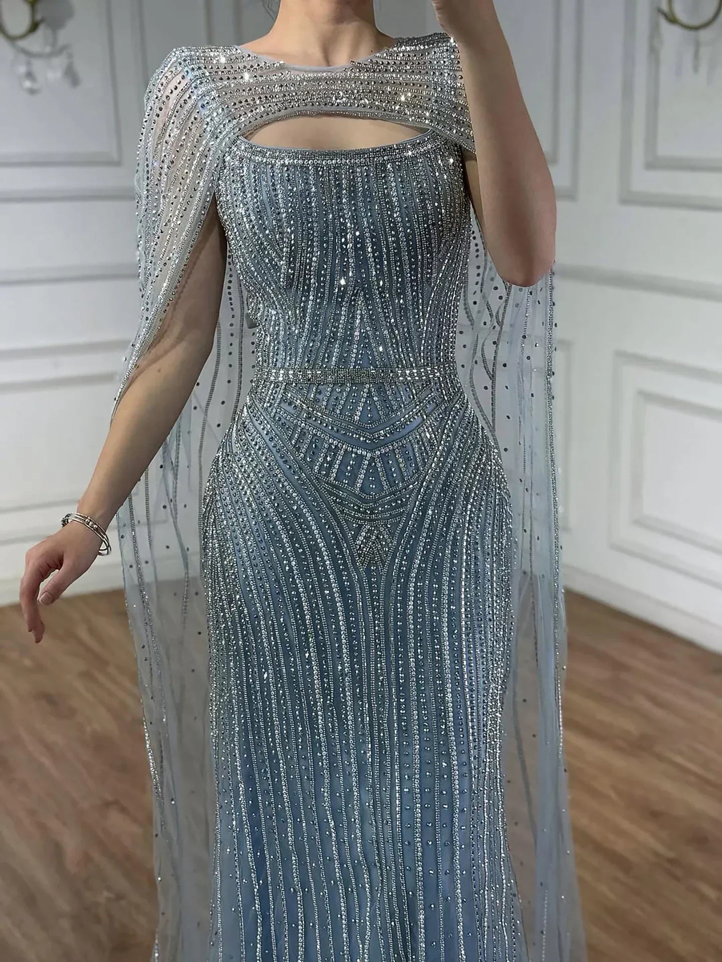 Luxury Blue Diamond Evening Dress With Cape