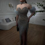 Luxury Silver Nude Mermaid Evening Dress with Beaded Tassel
