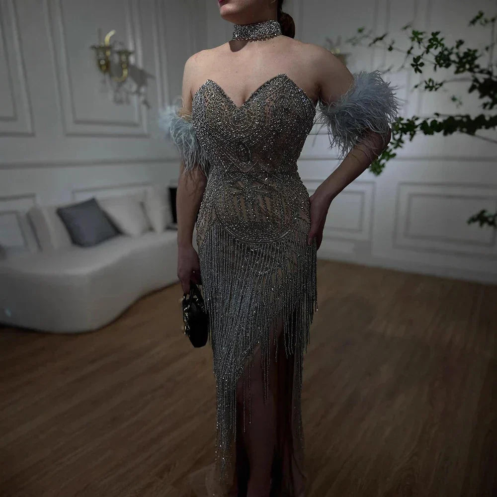Luxury Silver Nude Mermaid Evening Dress with Beaded Tassel