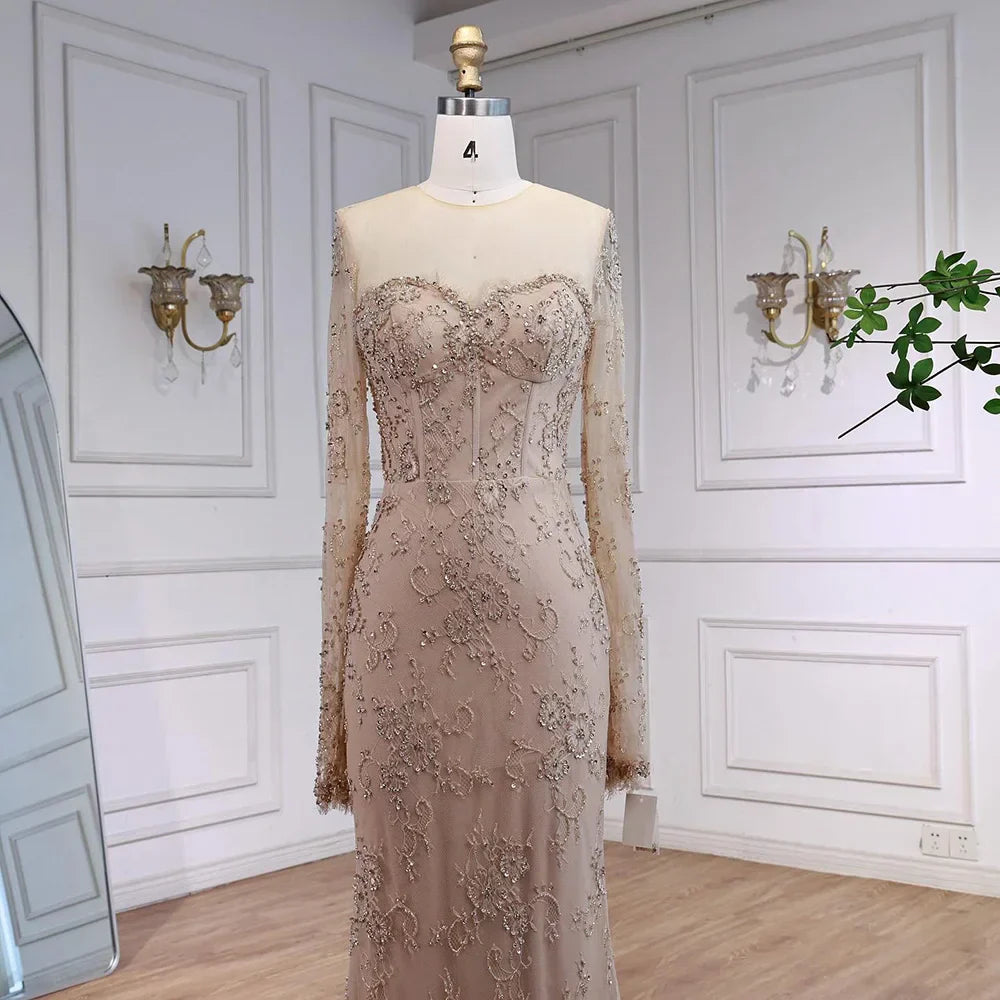 Luxury Arabic Lace Beaded Mermaid Evening Dress with Sleeves