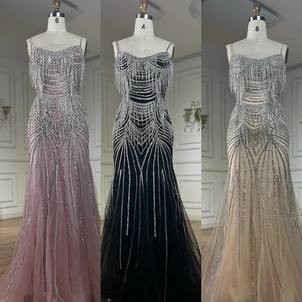 Luxury Nude Pink Crystal Tassel Mermaid Evening Dress