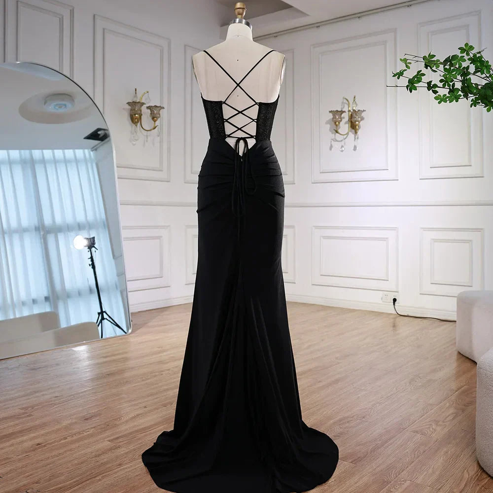 Black Beaded Classy Prom Dress with Spaghetti Straps
