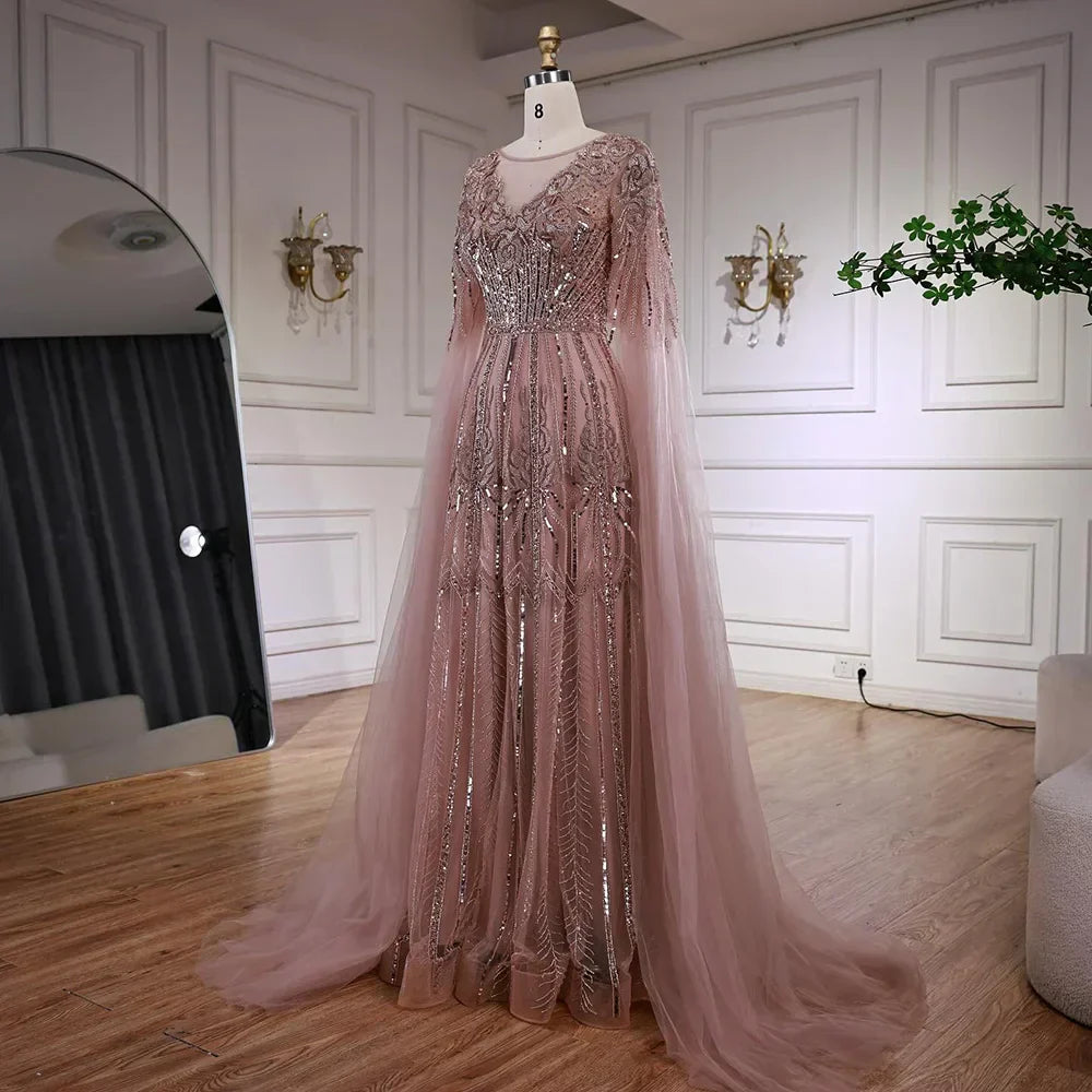 Elegant Beaded A-Line Evening Dress with Cape Sleeves