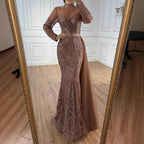 Luxury Brown Beaded Mermaid Evening Dress with Side Overskirt