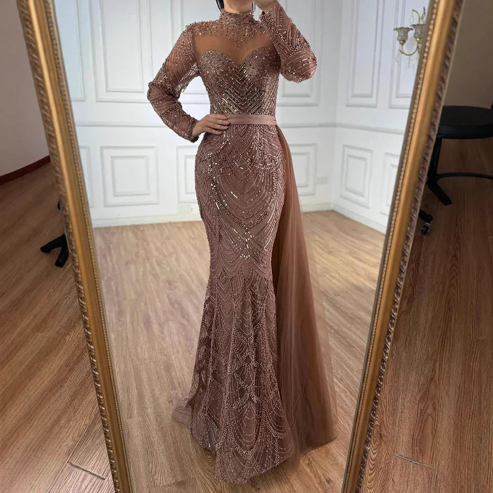 Luxury Brown Beaded Mermaid Evening Dress with Side Overskirt