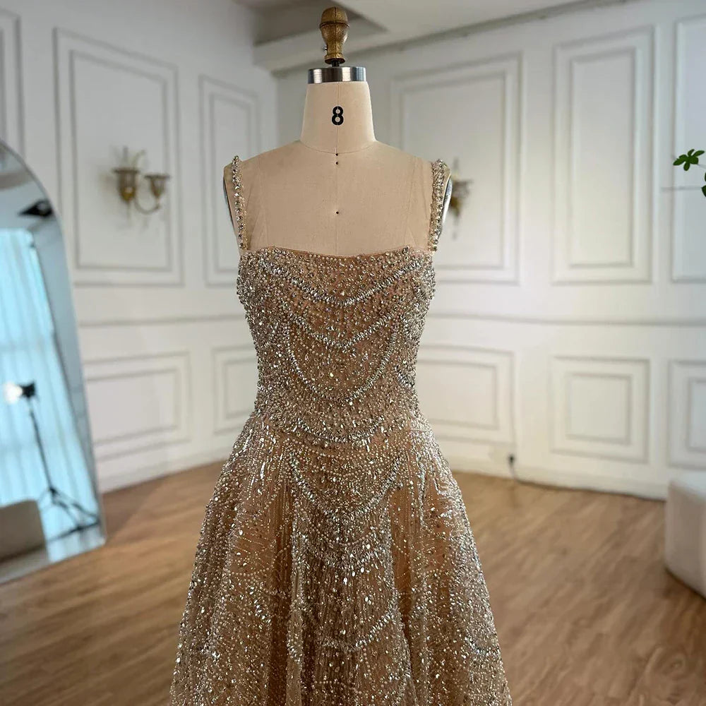 Luxury Nude A-Line Evening Dress with Pearls and Crystals