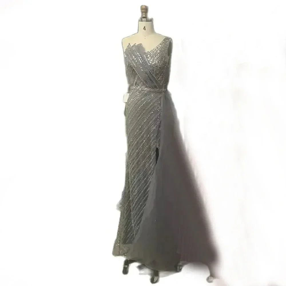 Luxury Dubai &nbsp;Blue One Shoulder Split Saudi Evening Gown with Beaded Side Overskirt Dress for Formal Occasion&nbsp;