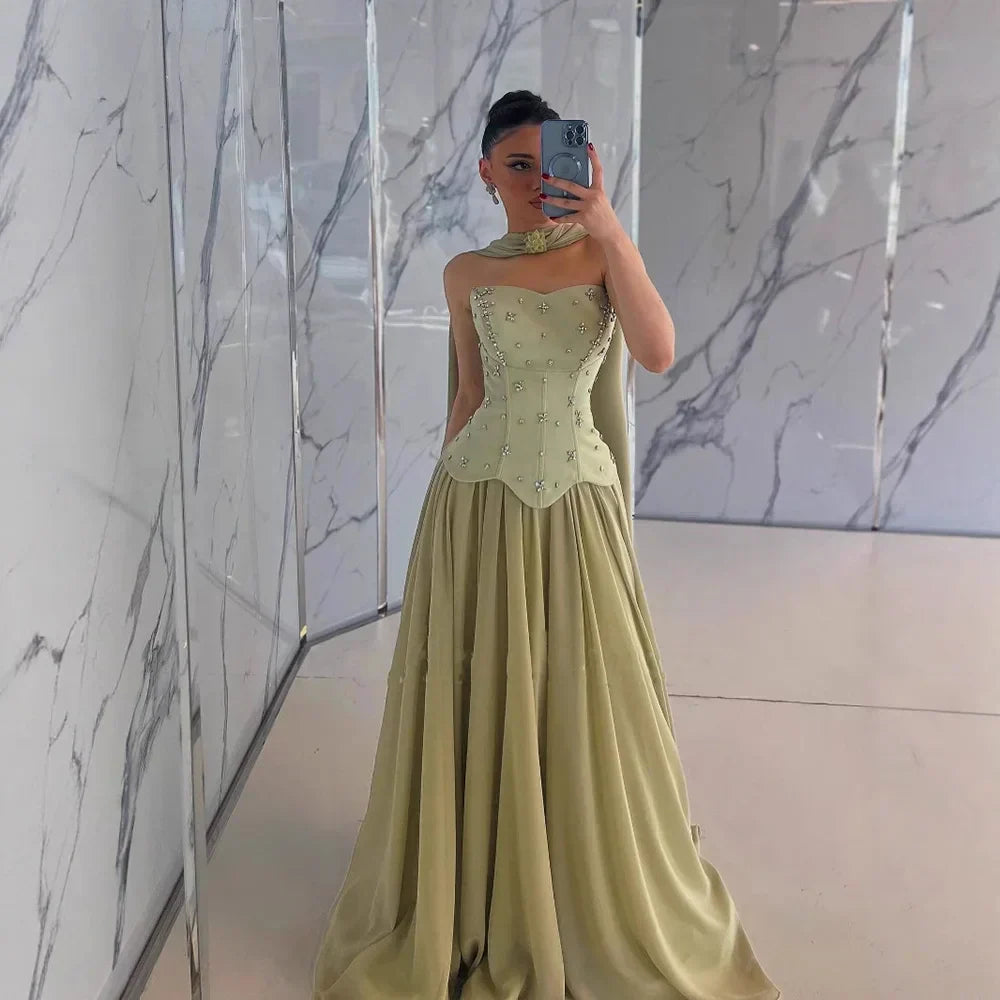 Classy Sage Green   A-Line Chiffon Evening Dress
