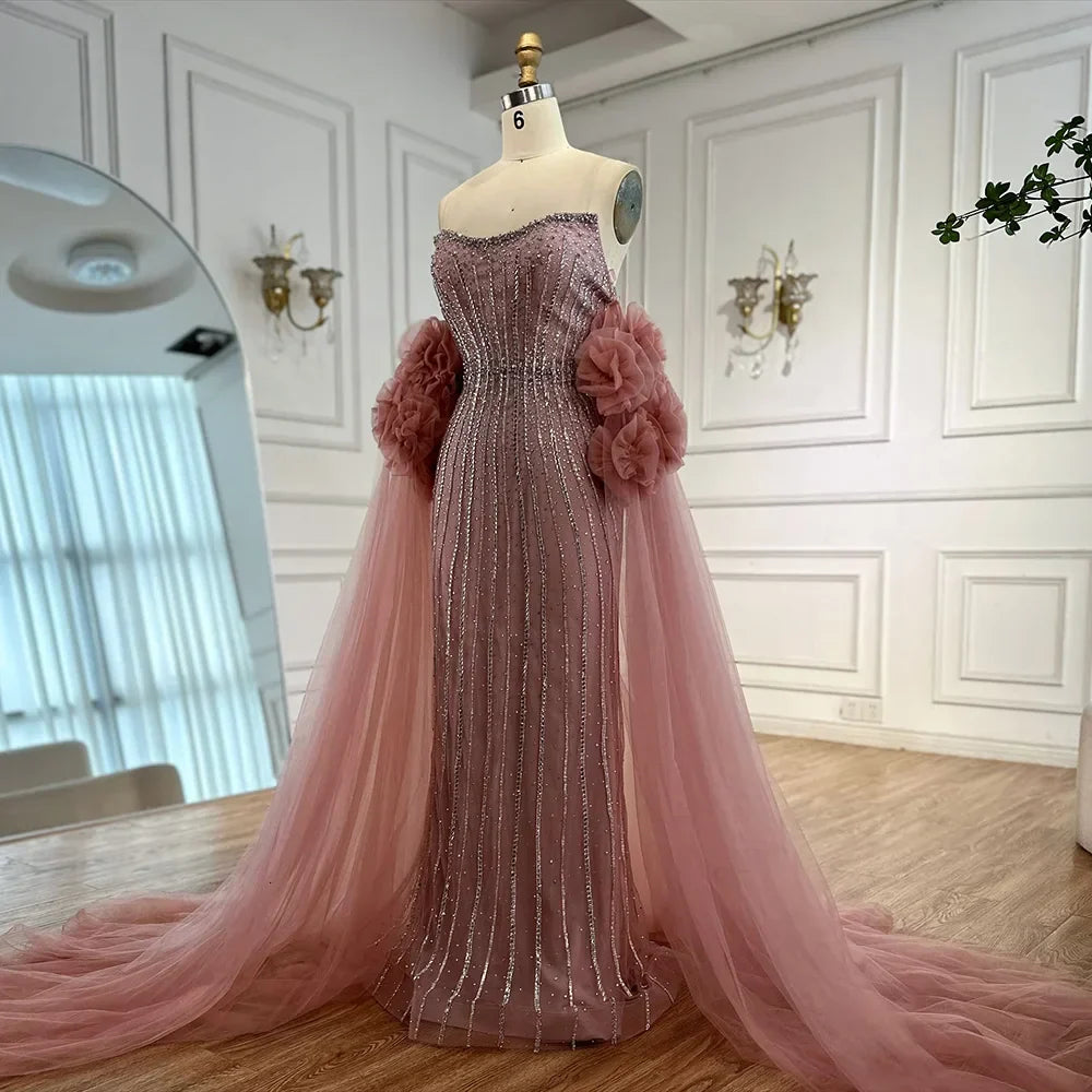 Luxury Pink Beaded Mermaid  Arabic Evening Dress with Cape