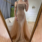 Serene Hill Gold Mermaid Elegant One Shoulder Overskirt Beaded Luxury Evening Dresses Gowns 2025 For Women Wedding Party&nbsp;