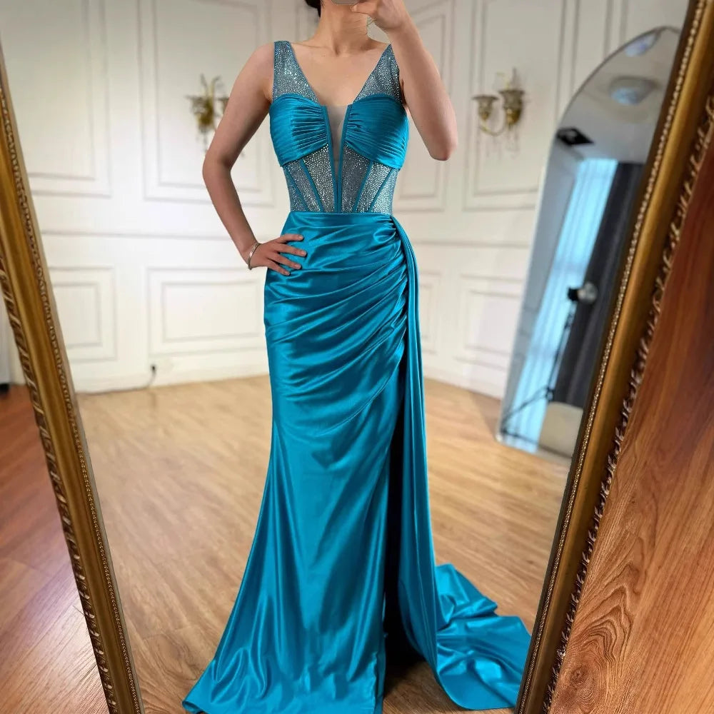 Blue Prom Dress with Side Overskirt Spaghetti Straps
