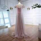 Luxury Arabic Pink Pearls Beaded Evening Dress With Cape