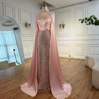 Luxury Arabic Pearls Pink Evening Dress with Cape
