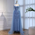 Luxury Blue Sequin Beaded Evening Dress with Cape Sleeves
