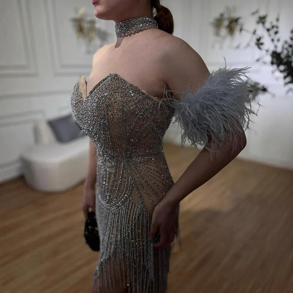 Luxury Silver Nude Mermaid Evening Dress with Beaded Tassel
