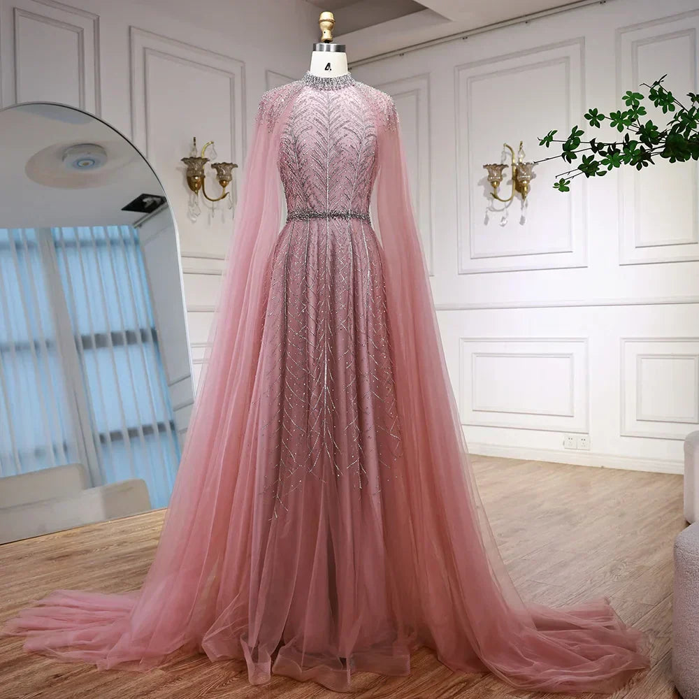 Luxury Elegant Pink Beaded Evening Dress with Cape
