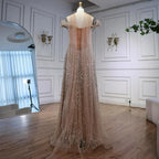 Luxury Arabic Pink Pearls Beaded Evening Dress With Cape