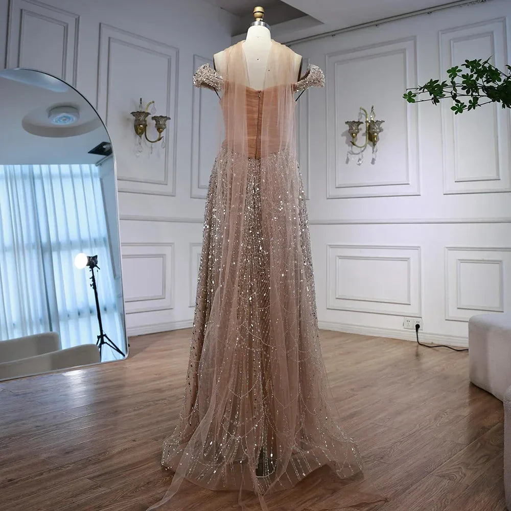 Luxury Arabic Pink Pearls Beaded Evening Dress With Cape