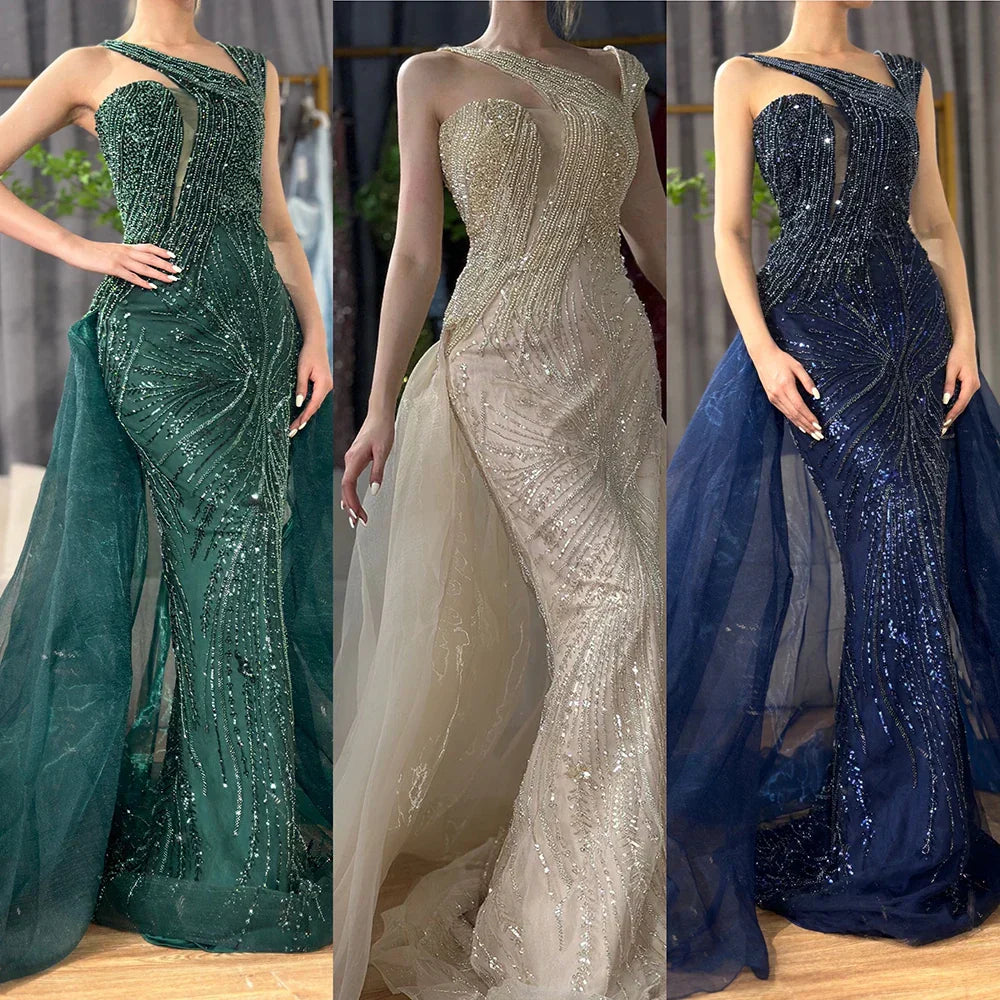Luxury Dubai &nbsp; Nude Mermaid Green Evening Gown with Elegant One Shoulder Overskirt for Formal Occasion&nbsp;