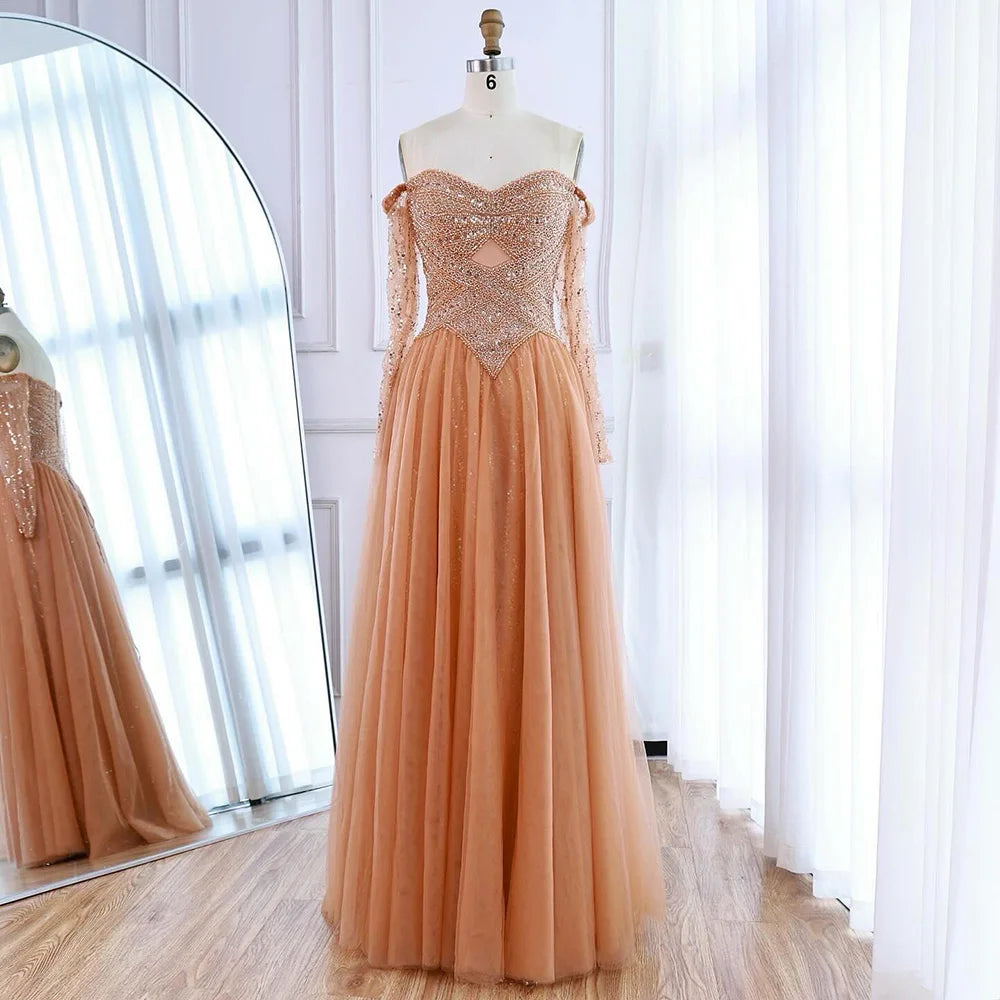 Luxury Nude Off Shoulder A-Line Beaded Evening Dress