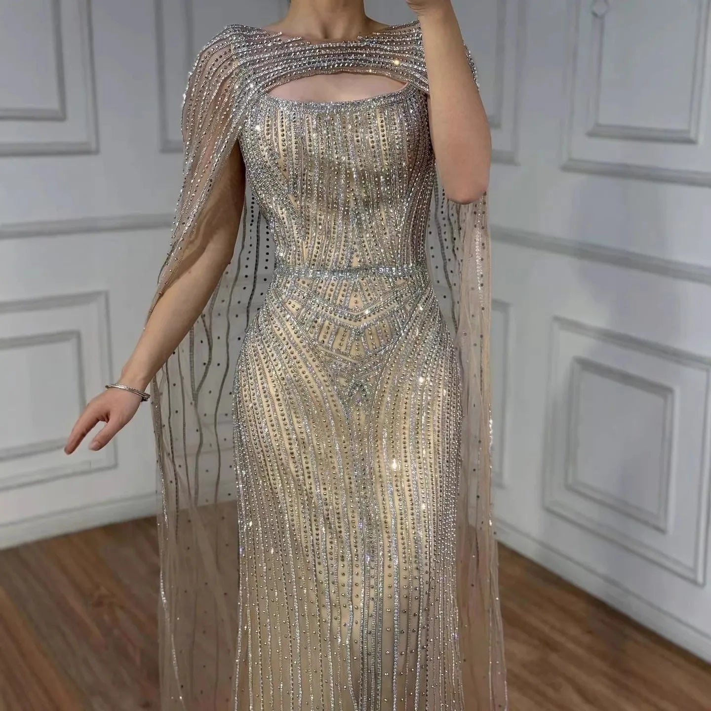 Luxury Blue Diamond Evening Dress With Cape