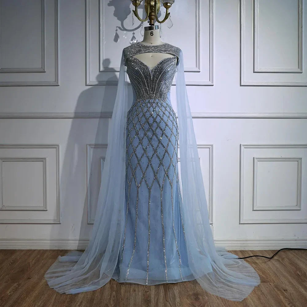 Luxury Nude Beaded Mermaid Evening Dress with Cape